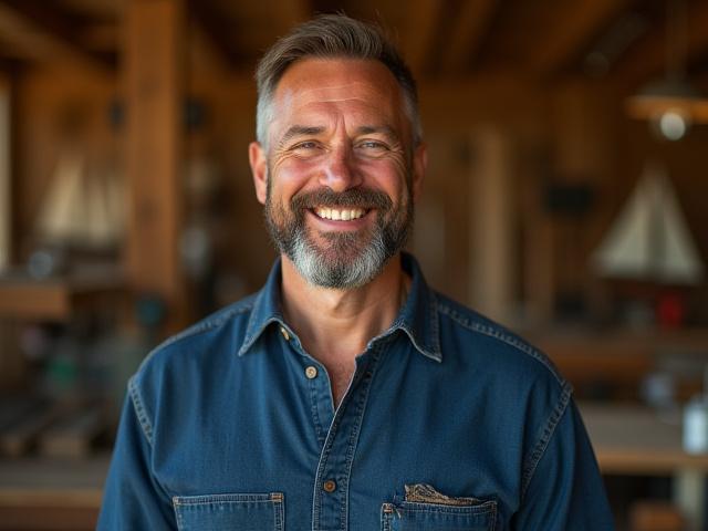 A warm portrait of Elias Vance, founder of Harbor Timber Co., smiling in his busy woodworking workshop.