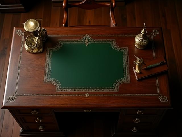 Partner's desk in dark-stained oak with a green leather inlay and rope-carved details