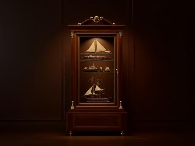 Glass-front display cabinet in rich mahogany with brass hardware for collectible ship models