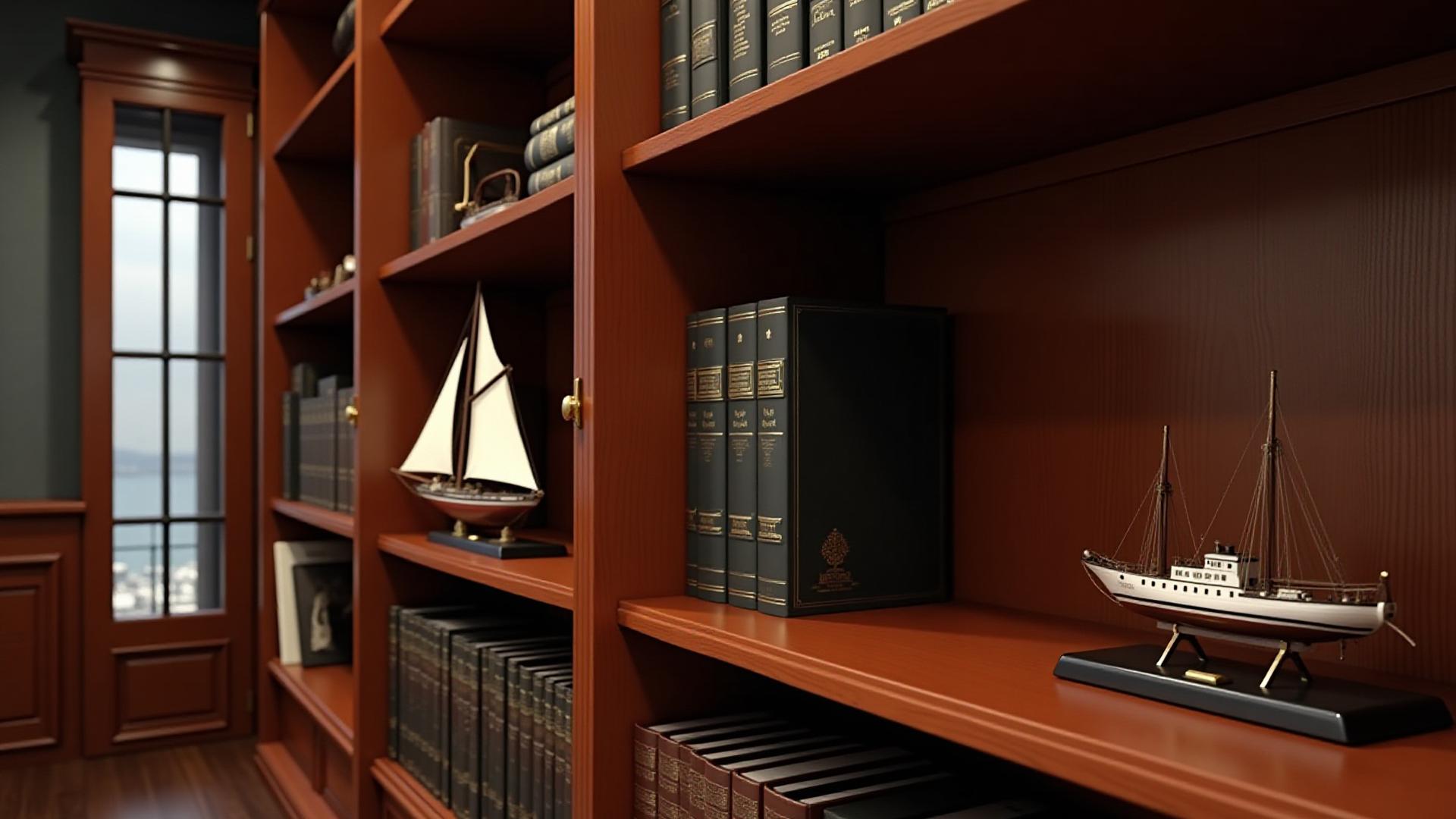 Custom built-in bookshelf crafted from rich mahogany, designed for a ship's cabin or coastal study