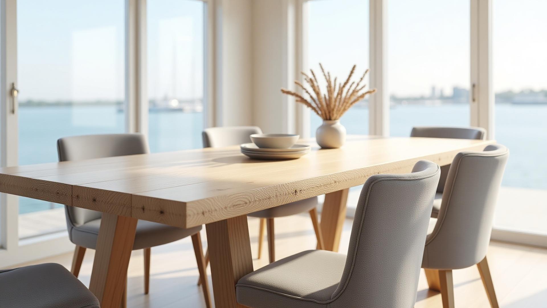 Handcrafted white oak dining table with subtly carved rope details, perfect for a waterfront dining room