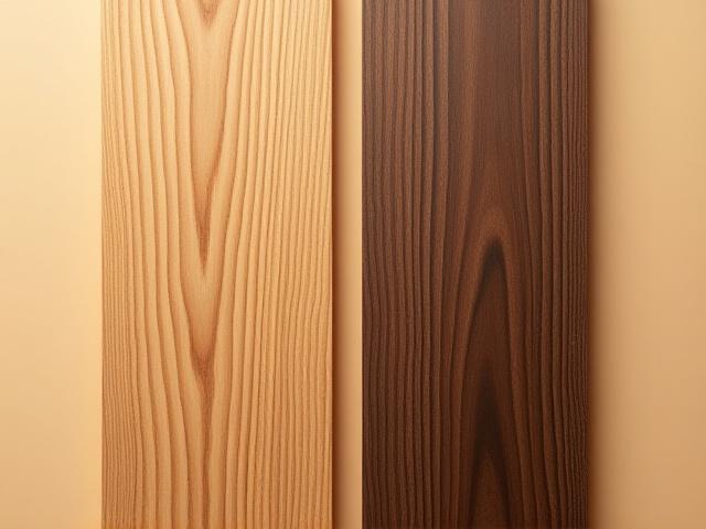 Close-up of a warm oak and a dark walnut plank, highlighting their distinct grain and character