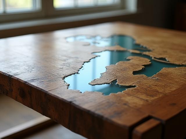 Reclaimed timber coffee table with a custom resin-inlaid nautical chart of Lake Michigan