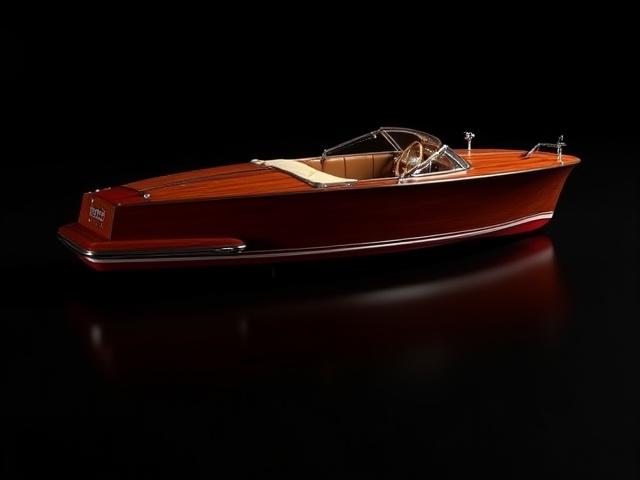 Finished model of a classic mahogany Chris-Craft Runabout powerboat, gleaming.