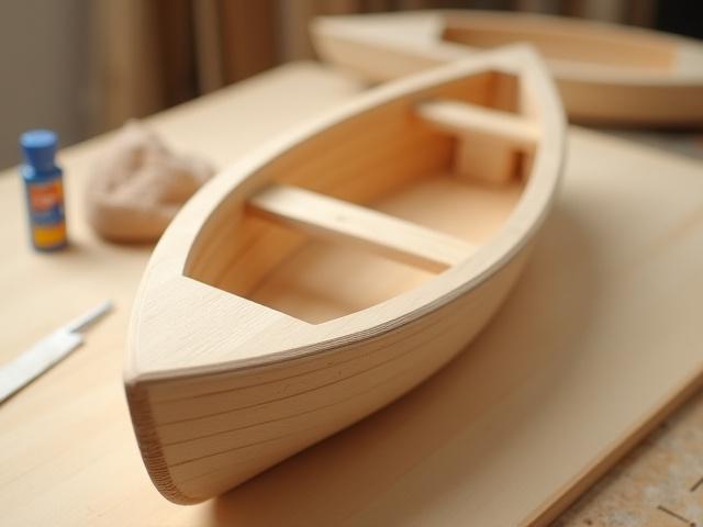 Beginner's Dory boat model kit, assembled on a workbench.