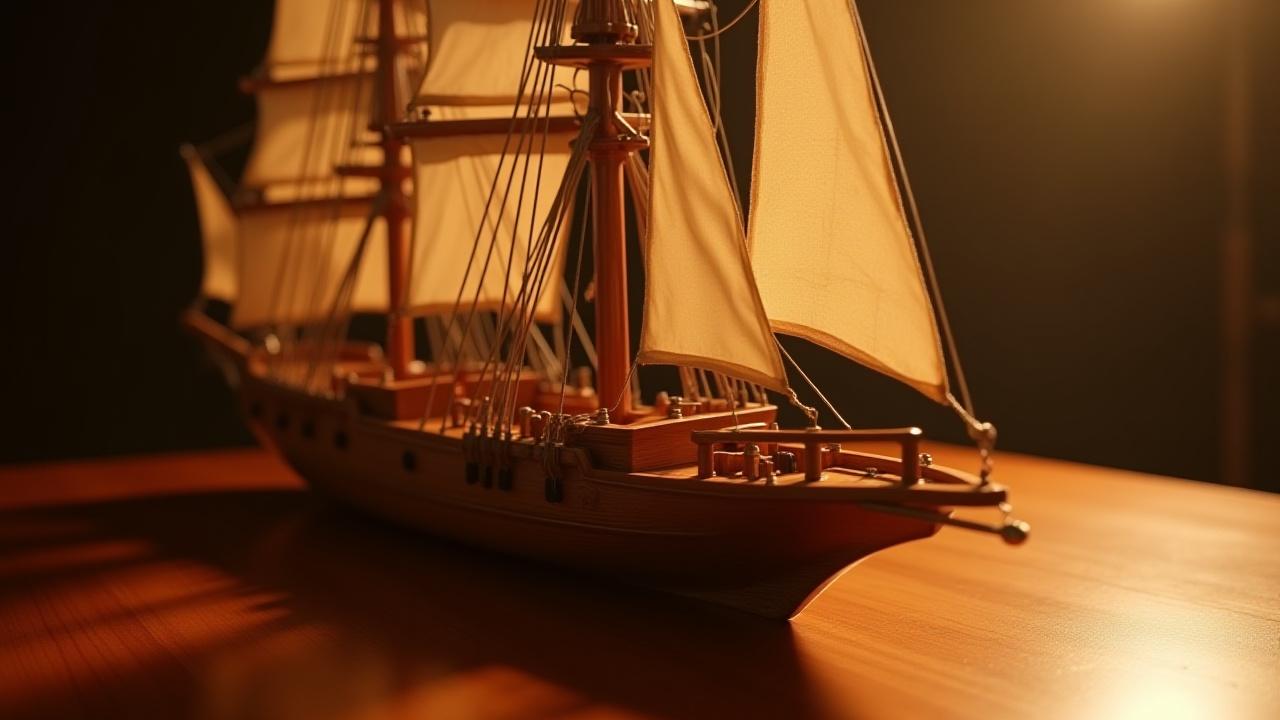 Beautifully detailed wooden ship model, sails set, under soft lighting.
