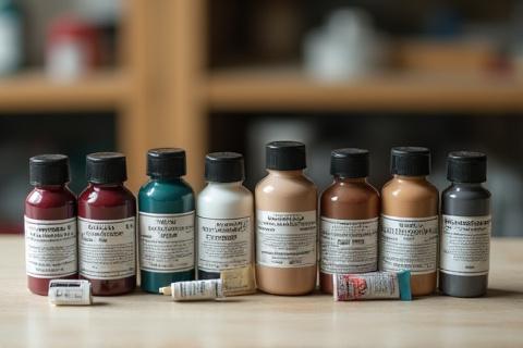 Collection of model-specific paints and various woodworking adhesives.