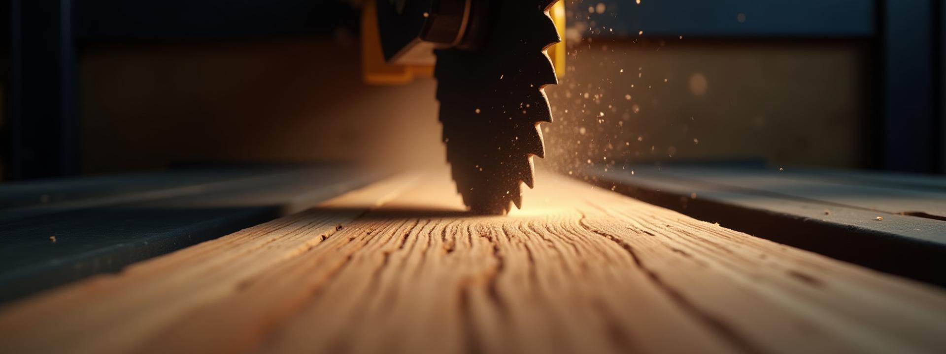 Close-up view of a large saw blade precisely cutting a beautiful piece of oak at Harbor Timber Co.