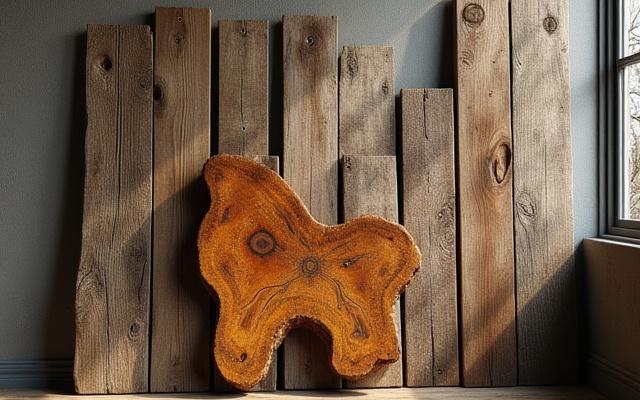 Weathered, textured reclaimed barnwood planks and burls