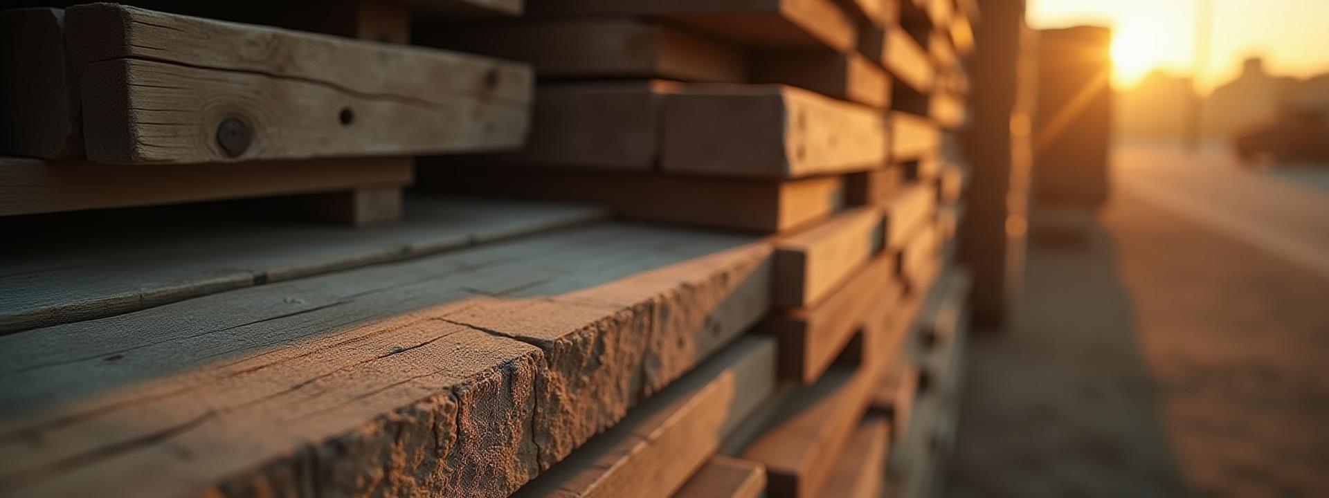 Stack of reclaimed barn wood with rich texture and nail holes, bathed in warm light.