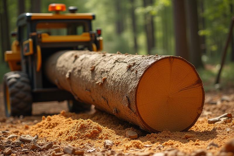 Image of a large oak log being milled by a portable sawmill in a forest setting, showcasing fresh cuts.