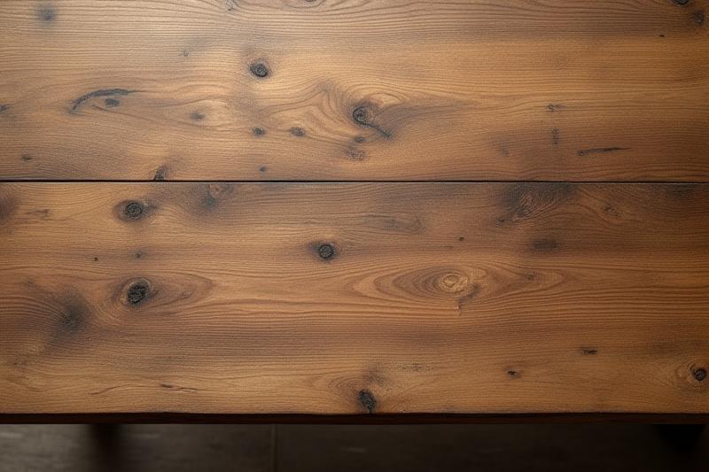 Close-up of a finished dining table surface made from reclaimed barn wood, highlighting deep grain, nail holes, and rich patina.