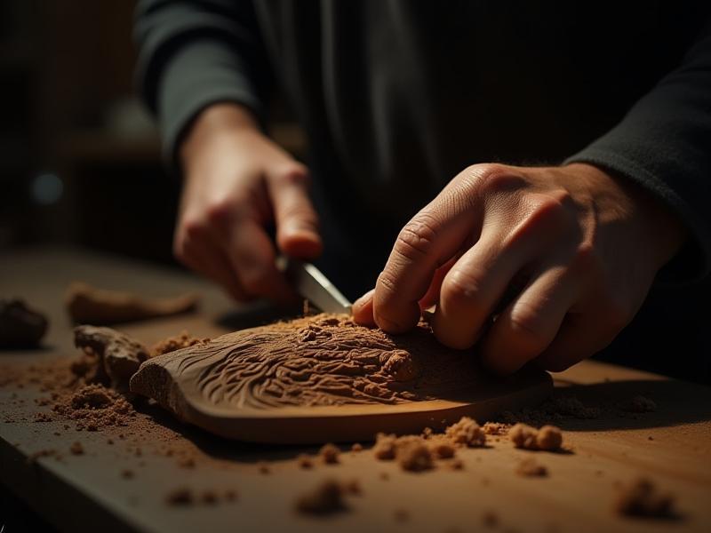 Dramatic shot of a wood carver's hands working on a detailed nautical piece