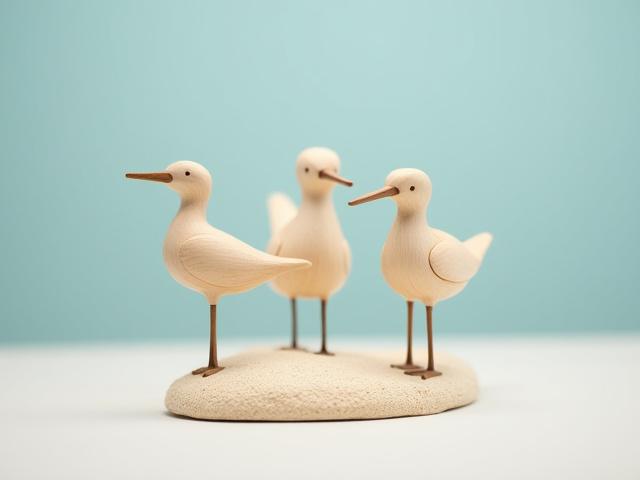 Set of three carved Basswood sandpipers on a beach base