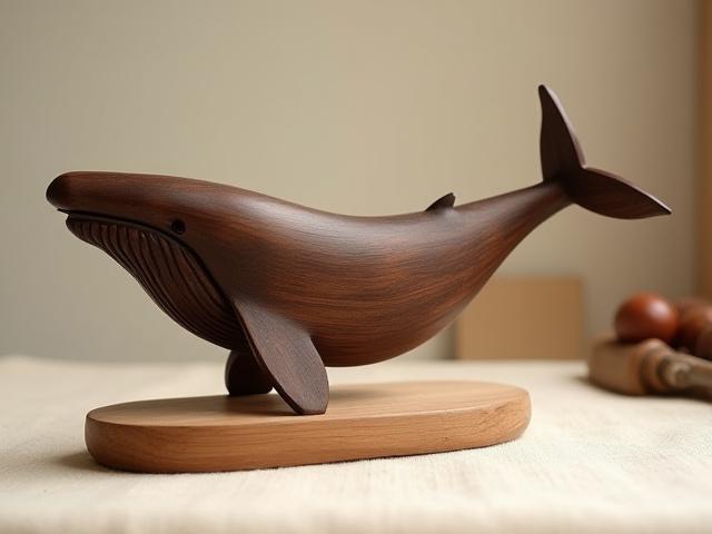 Hand-carved wooden whale decorative piece on a natural wood stand