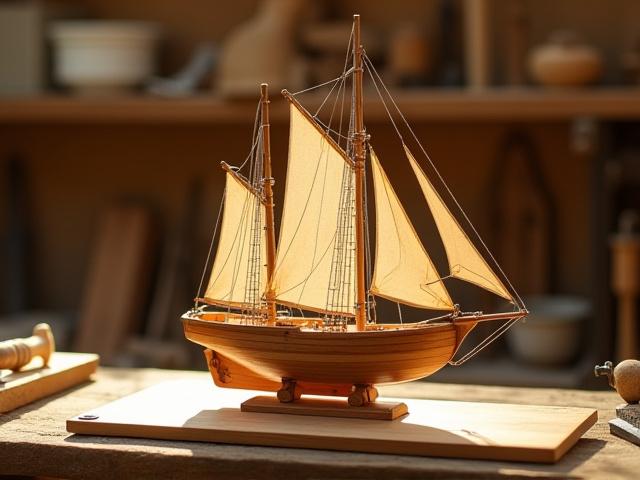 The Springfield Schooner boat model kit on a workshop bench