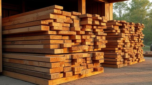  neatly stacked natural-edge lumber, showcasing intricate wood grain and sustainable sourcing