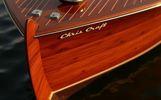 Restored transom of a classic Chris-Craft boat, gleaming with a historically accurate finish