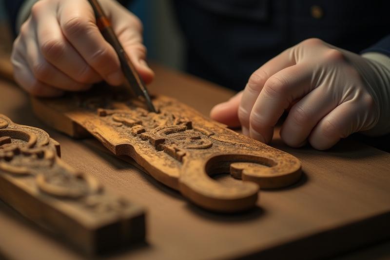 Close-up of a conservator's hands delicately working on an aged wooden marine artifact with fine tools, embodying precision and care