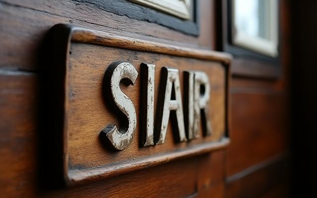 Close-up of a meticulously cleaned and conserved antique hand-carved wooden name board, with legible, aged lettering.