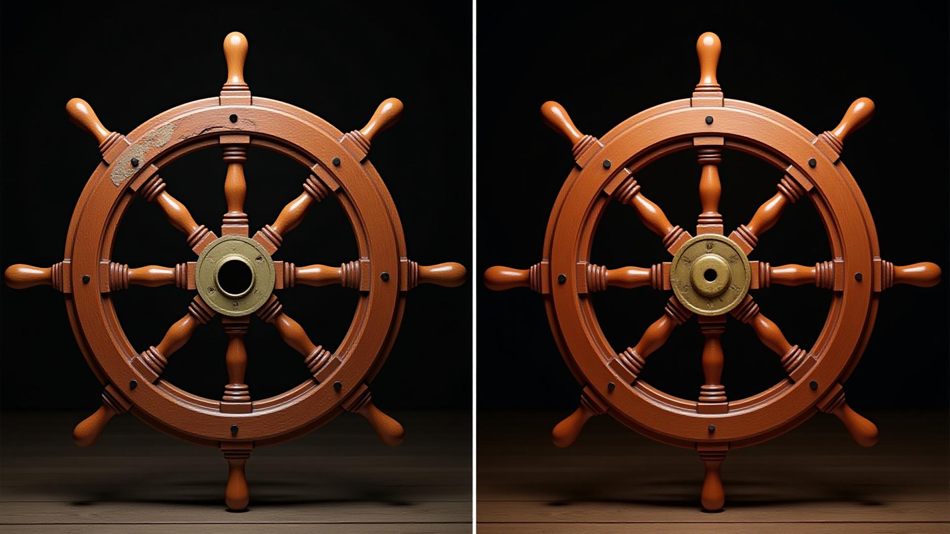 Before and after comparison of a restored antique ship's wheel showing significant damage versus pristine condition