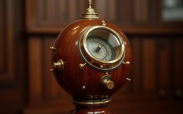 Before and after of a beautifully restored 19th-century ship's binnacle, showcasing polished brass and repaired wood