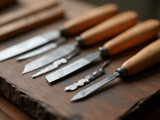 Close-up of finely crafted wood carving knives