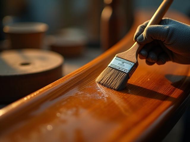 Hand applying marine varnish to a wooden surface