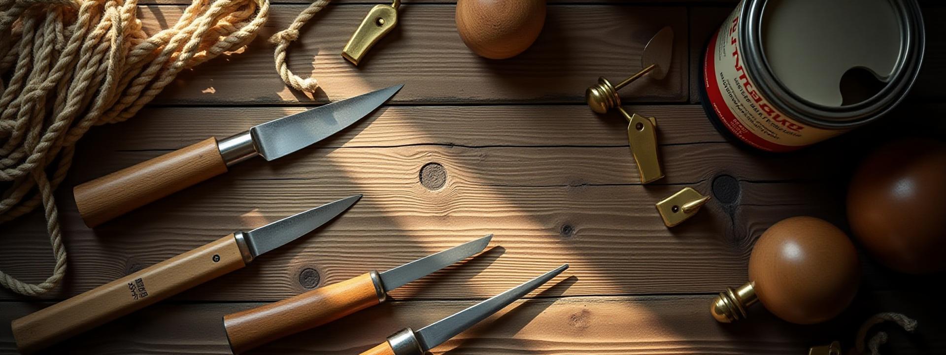 Flat lay of carving knives, rope, brass cleats, and varnish on a wooden surface