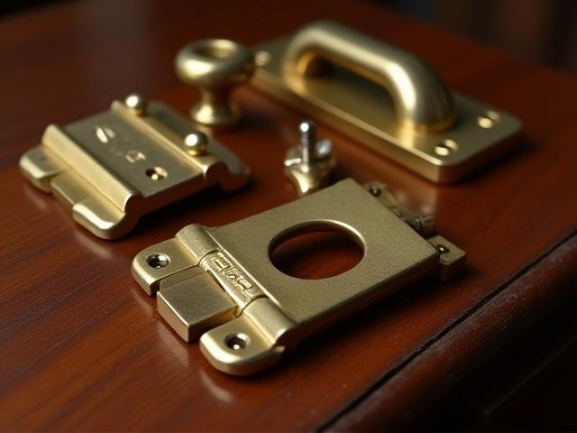 Assortment of polished brass boat cleats and hinges