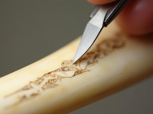 A scrimshaw tool poised over a piece of bone for engraving