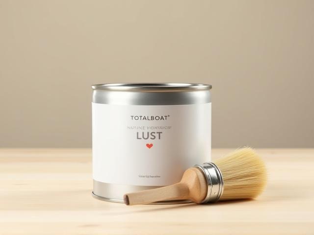 Can of TotalBoat Lust Marine Varnish with a brush